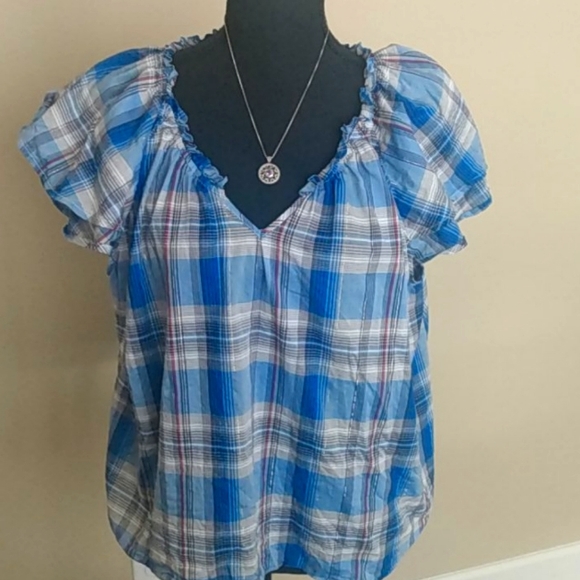 Blue Plaid Peasant Blouse light weight CLOSET CLEAR OUT - Picture 1 of 2